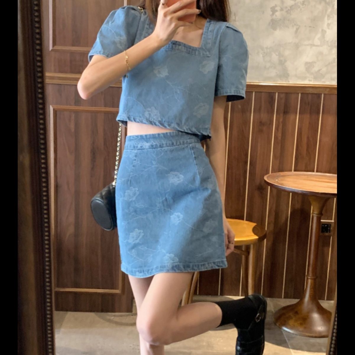 デニムセットアップ 薔薇模様ショート丈デニムセット