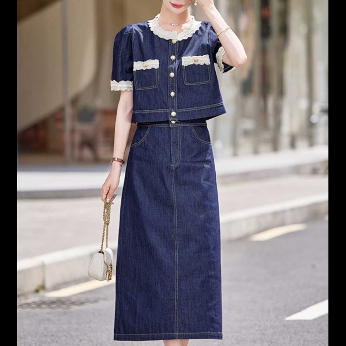 デニムセットアップ レース縁取り上品デニムセット