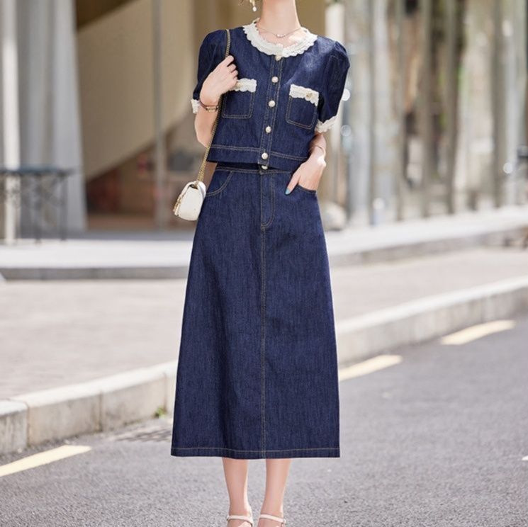 デニムセットアップ レース縁取り上品デニムセット