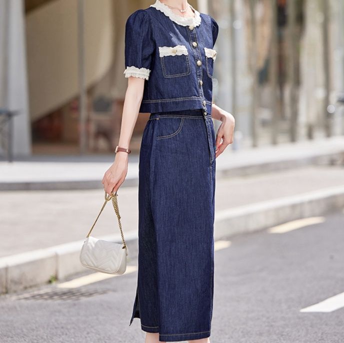 デニムセットアップ レース縁取り上品デニムセット