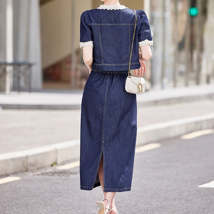 デニムセットアップ レース縁取り上品デニムセット