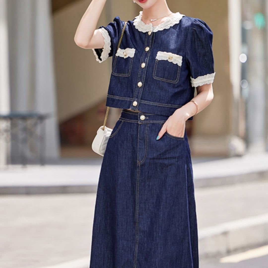 デニムセットアップ レース縁取り上品デニムセット