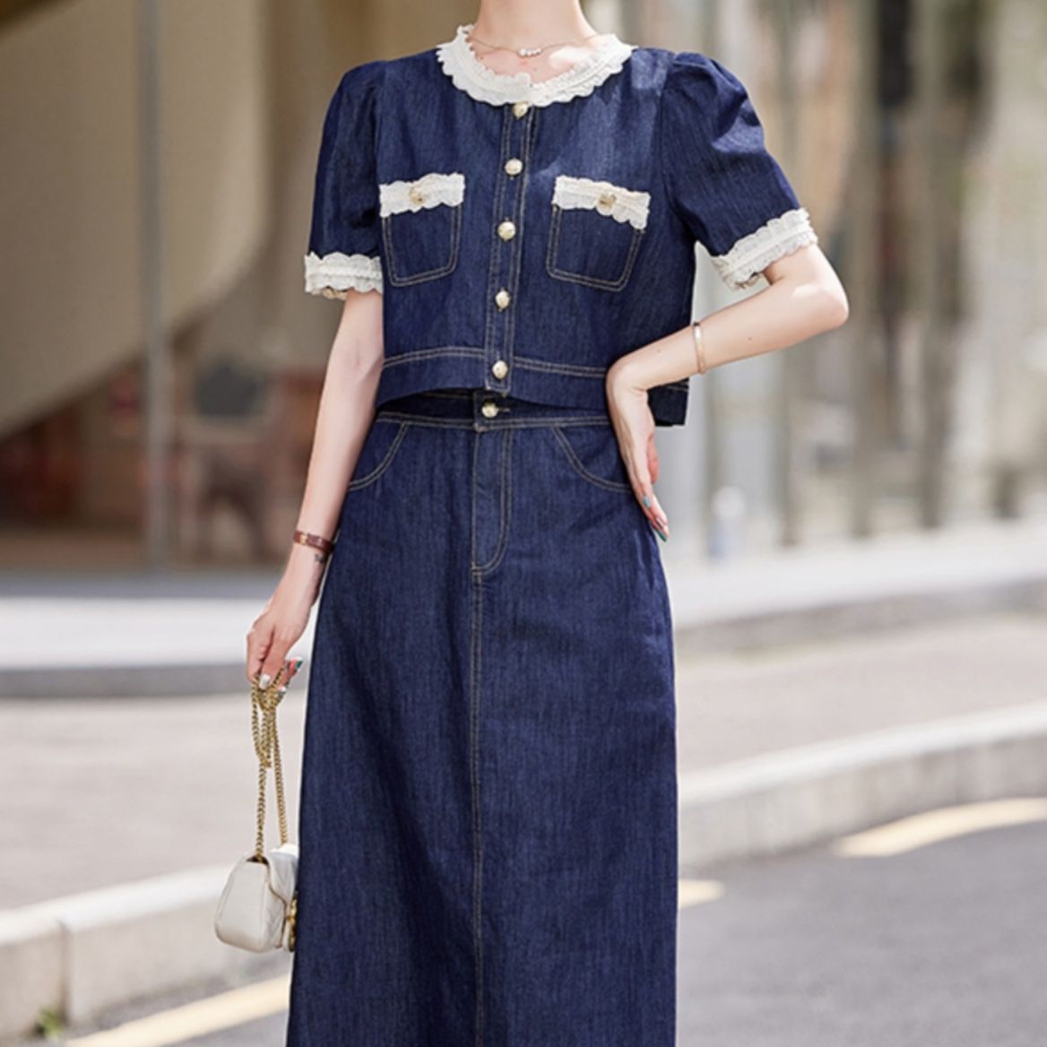 デニムセットアップ レース縁取り上品デニムセット