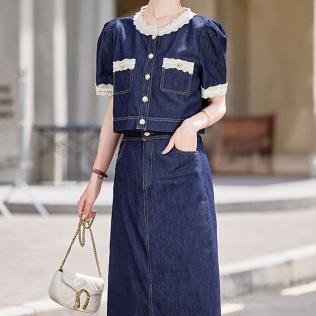 デニムセットアップ レース縁取り上品デニムセット