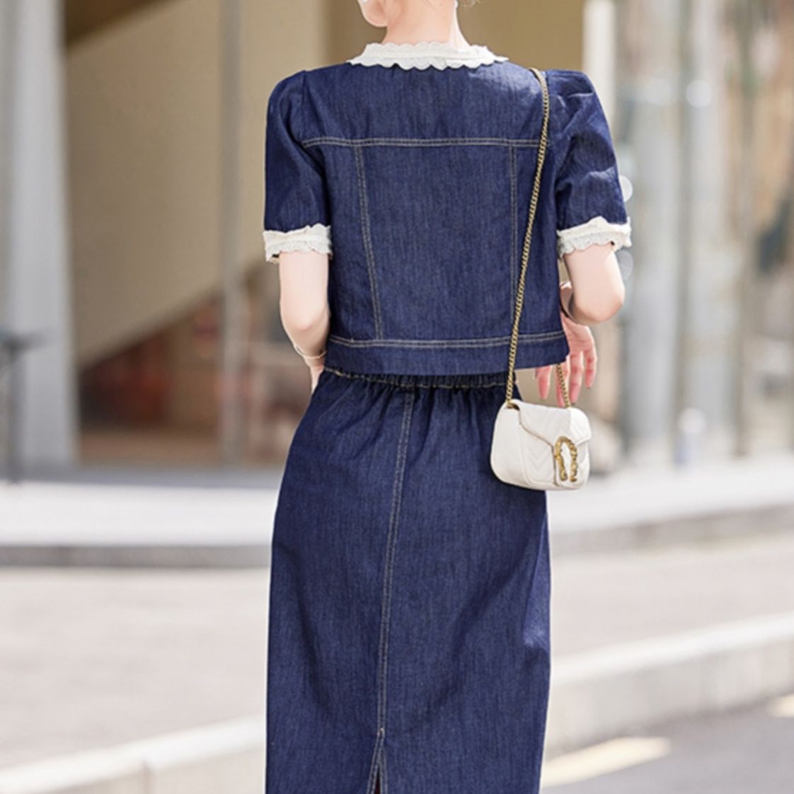 デニムセットアップ レース縁取り上品デニムセット