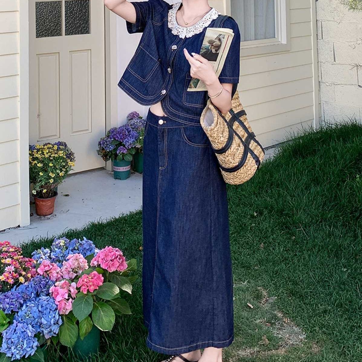 デニムセットアップ レース襟付きデニムセットアップ