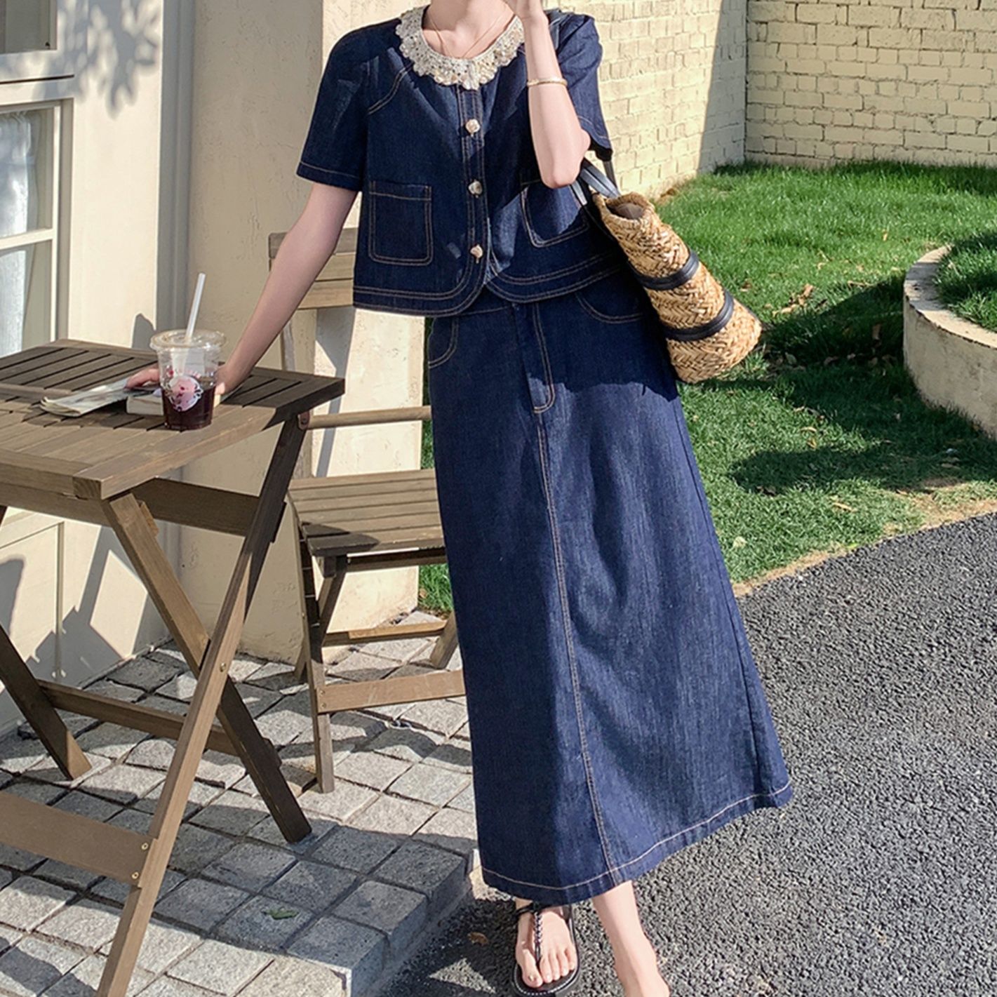 デニムセットアップ レース襟付きデニムセットアップ