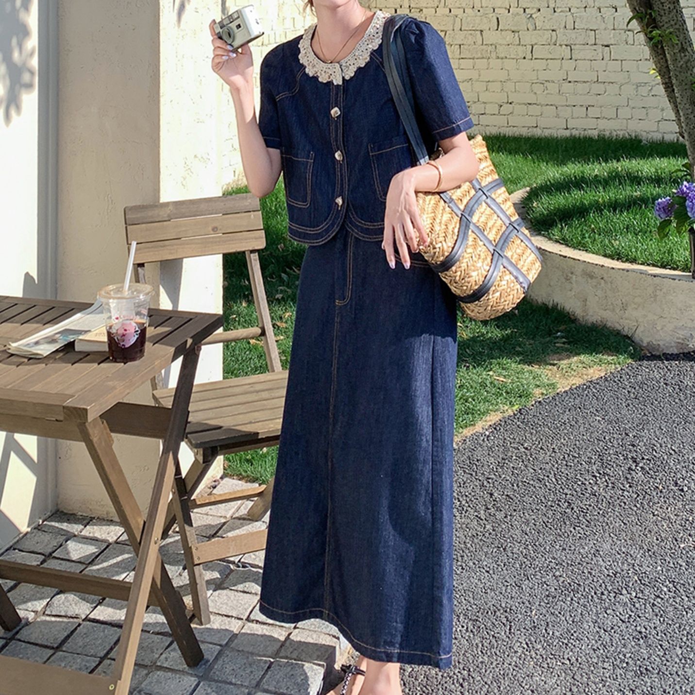 デニムセットアップ レース襟付きデニムセットアップ