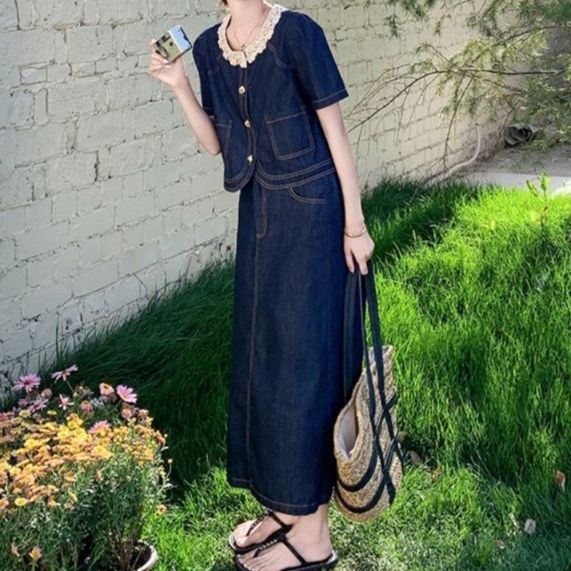 デニムセットアップ レース襟付きデニムセットアップ