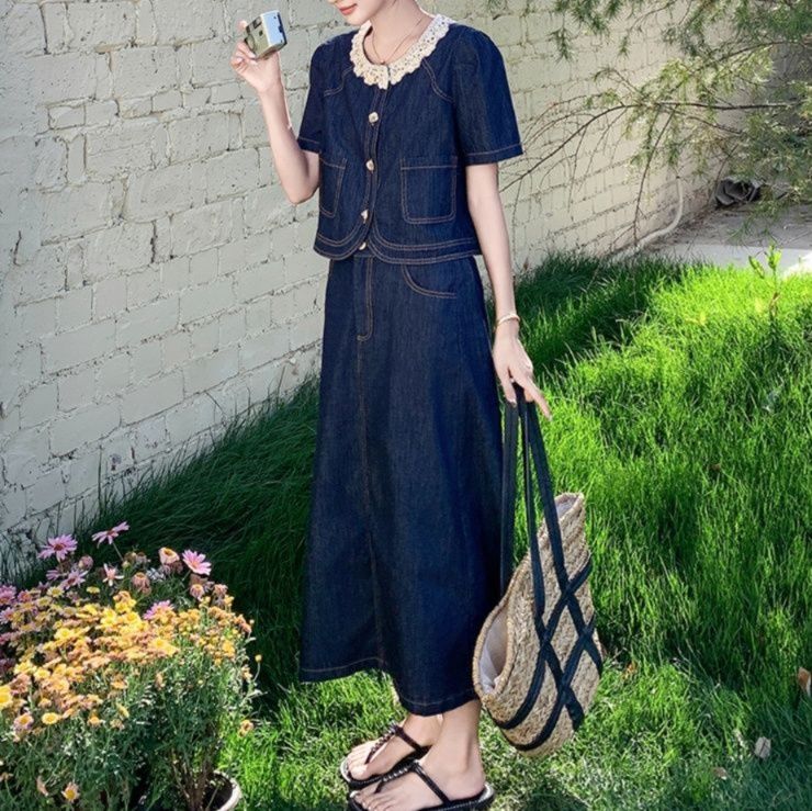 デニムセットアップ レース襟付きデニムセットアップ