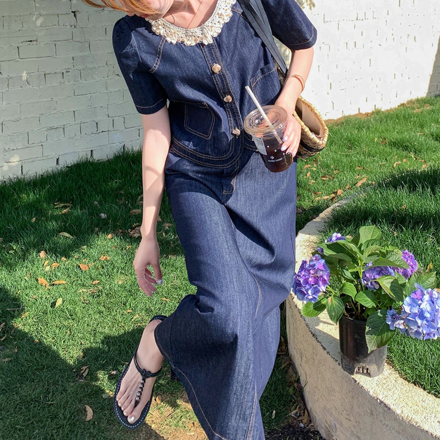 デニムセットアップ レース襟付きデニムセットアップ