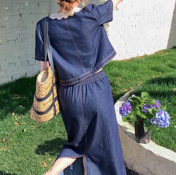 デニムセットアップ レース襟付きデニムセットアップ