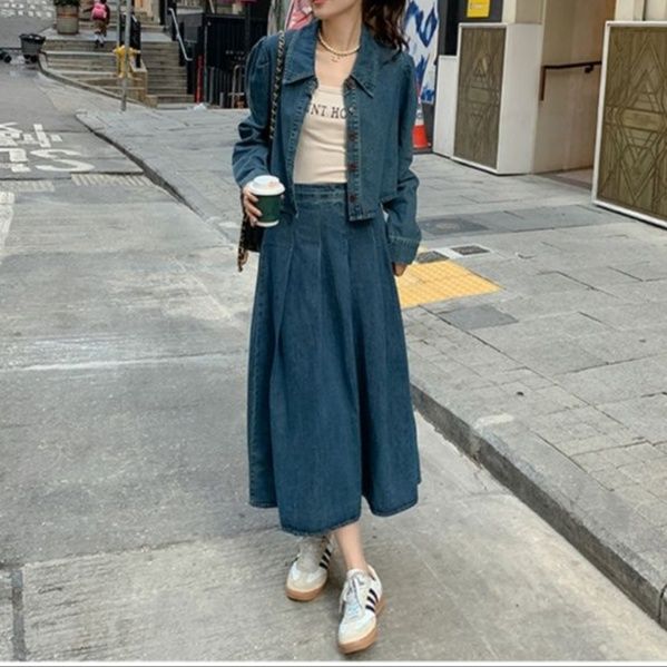 デニムセットアップ レトロ風フレアスカートセット