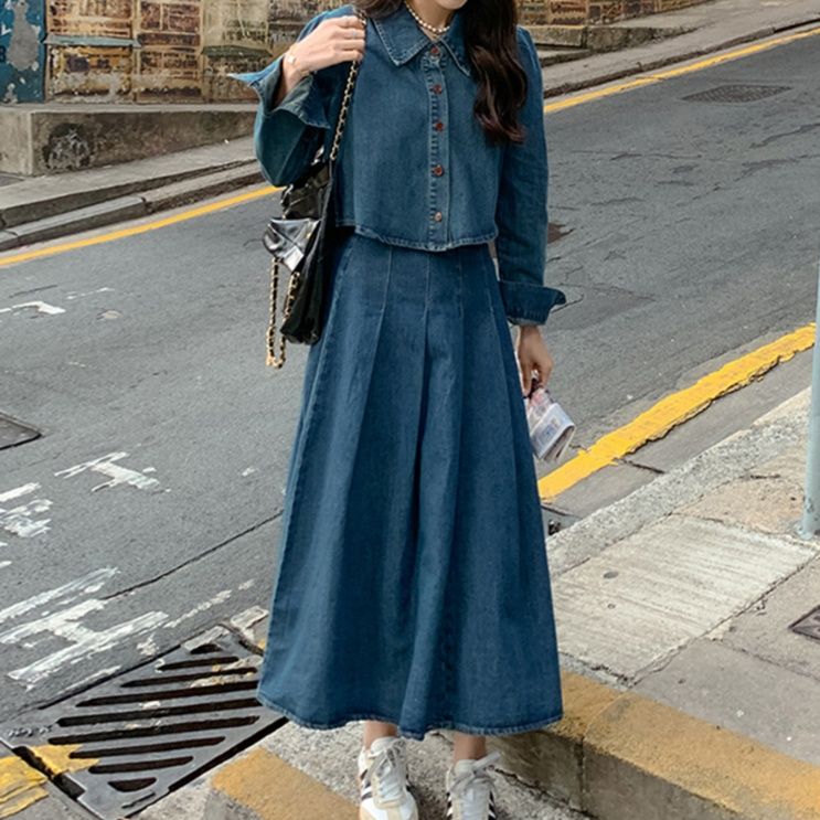 デニムセットアップ レトロ風フレアスカートセット