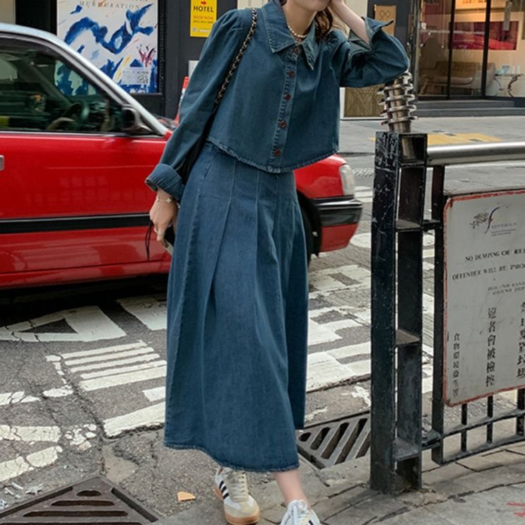 デニムセットアップ レトロ風フレアスカートセット