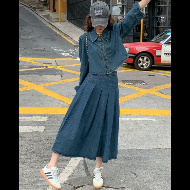 デニムセットアップ レトロ風フレアスカートセット