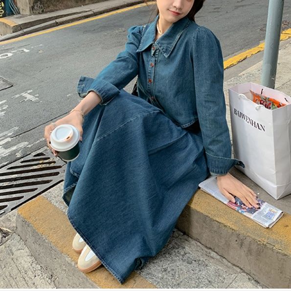 デニムセットアップ レトロ風フレアスカートセット