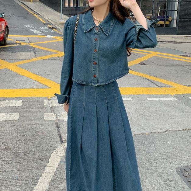 デニムセットアップ レトロ風フレアスカートセット