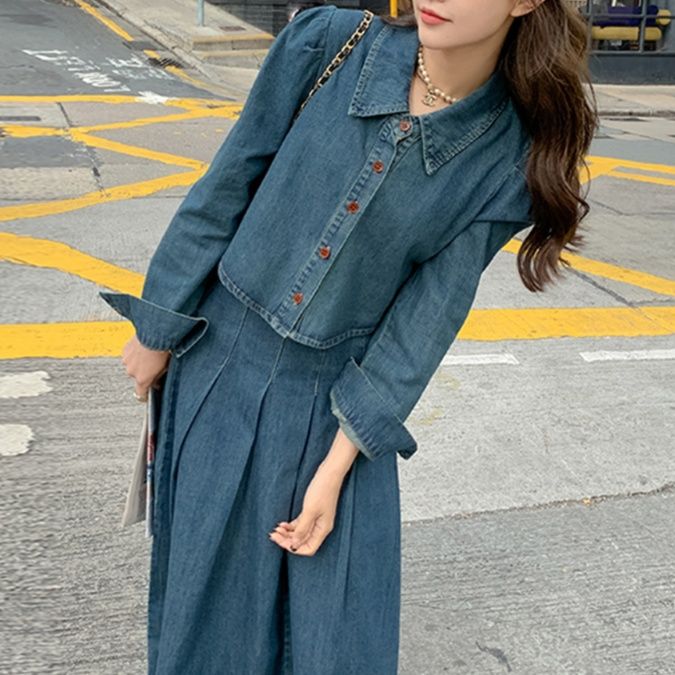 デニムセットアップ レトロ風フレアスカートセット