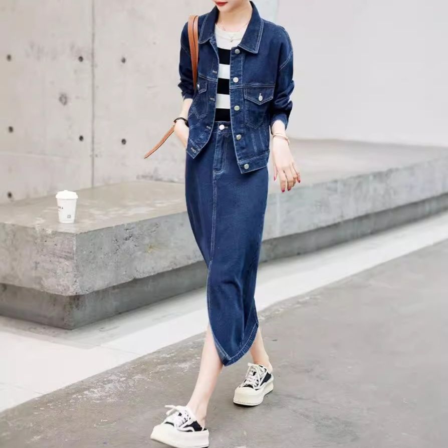 デニムセットアップ デニムジャケット×タイトスカートの上品セットアップ