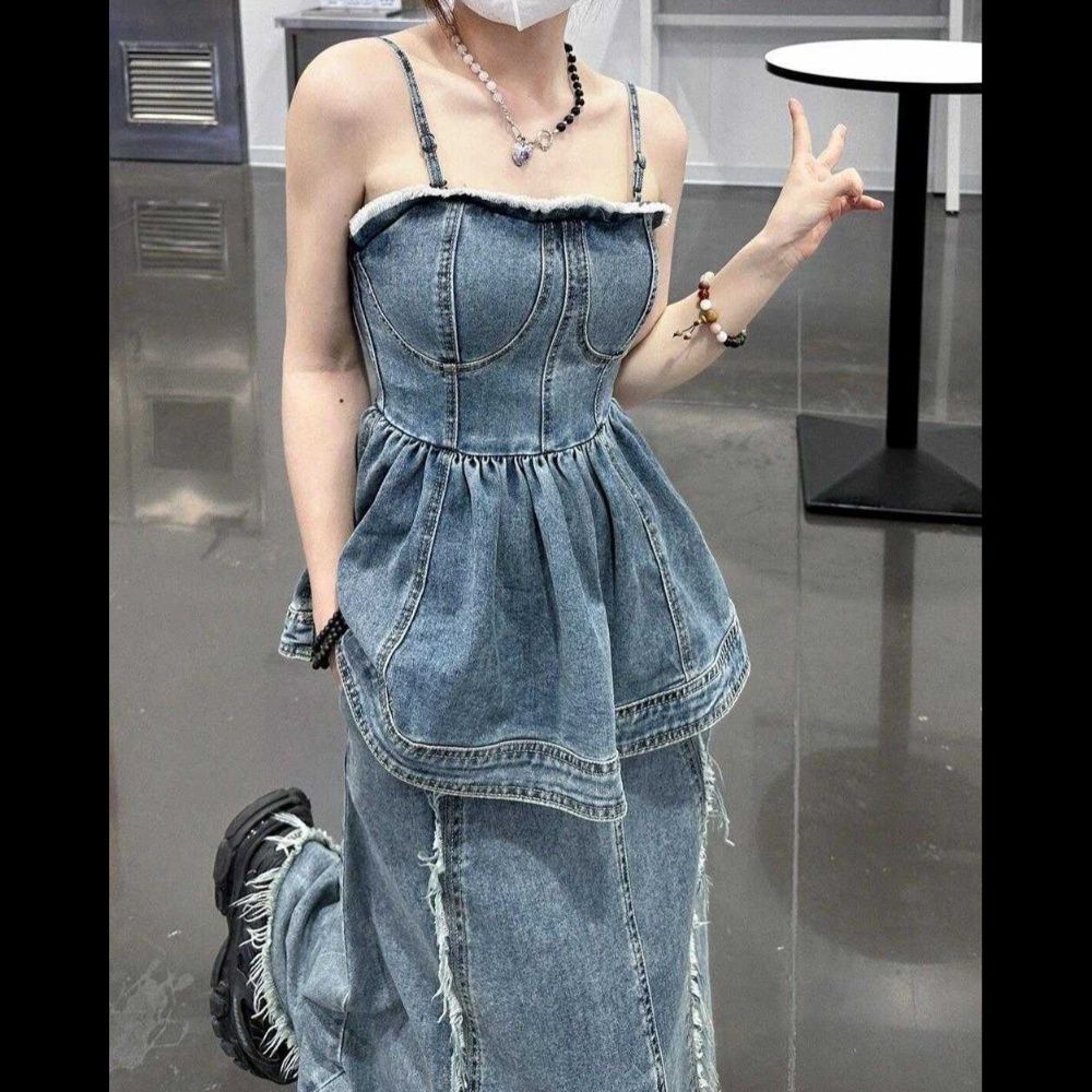 デニムセットアップ フリンジペプラムキャミセットアップ