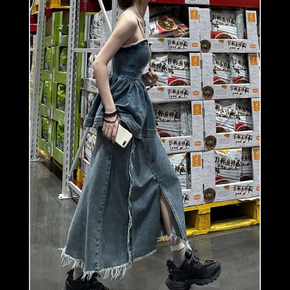 デニムセットアップ フリンジペプラムキャミセットアップ