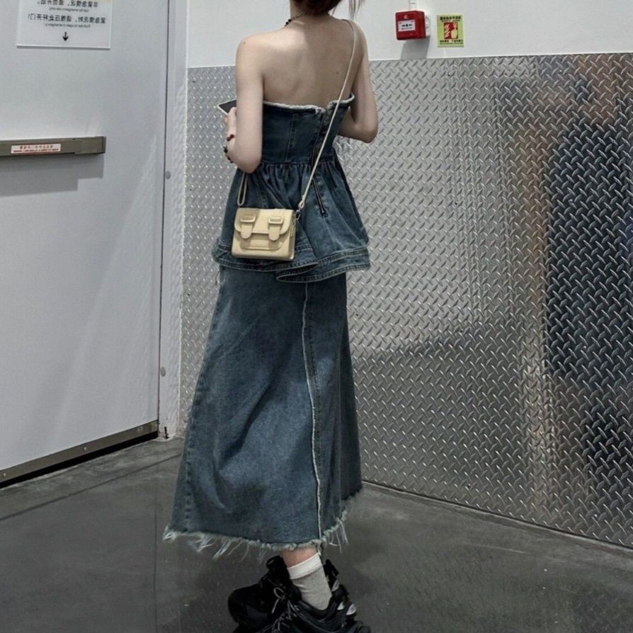 デニムセットアップ フリンジペプラムキャミセットアップ