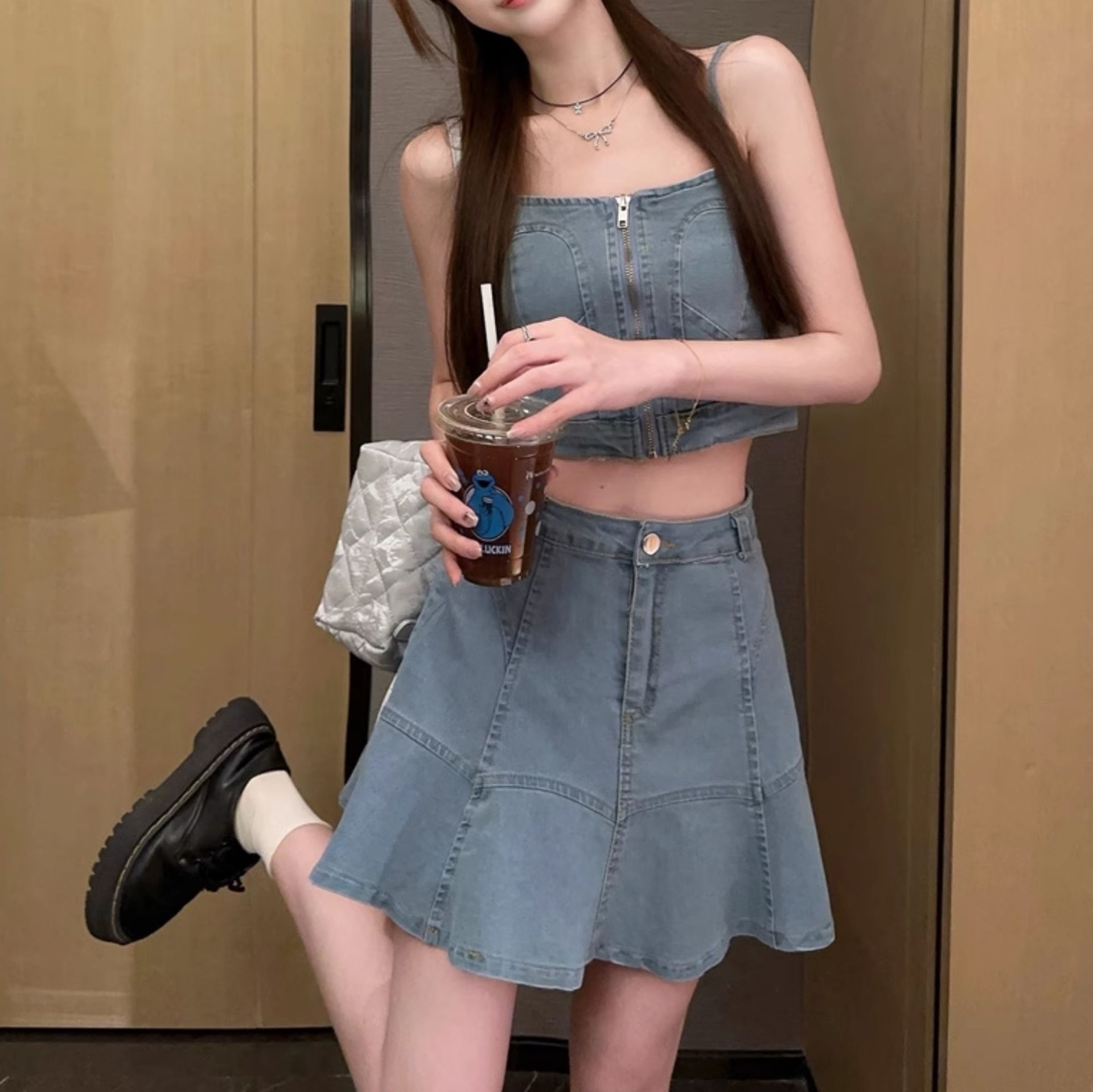 デニムセットアップ 夏風フレアデニムセットアップ