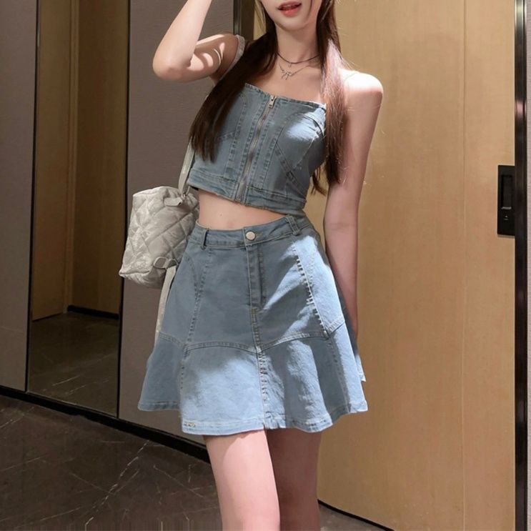 デニムセットアップ 夏風フレアデニムセットアップ