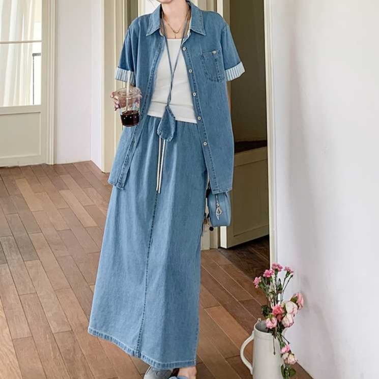 デニムセットアップ ゆったりデニムシャツ＆ロングスカート