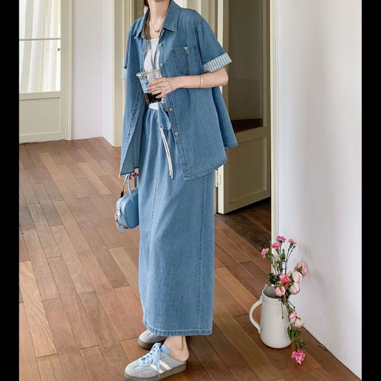 デニムセットアップ ゆったりデニムシャツ＆ロングスカート
