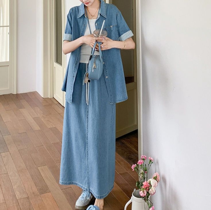 デニムセットアップ ゆったりデニムシャツ＆ロングスカート