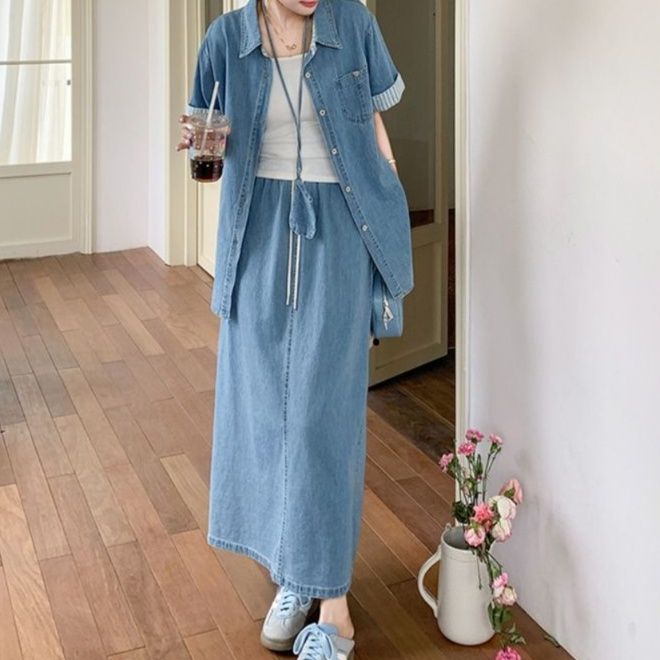 デニムセットアップ ゆったりデニムシャツ＆ロングスカート
