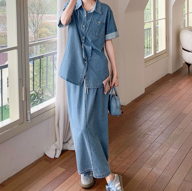 デニムセットアップ ゆったりデニムシャツ＆ロングスカート