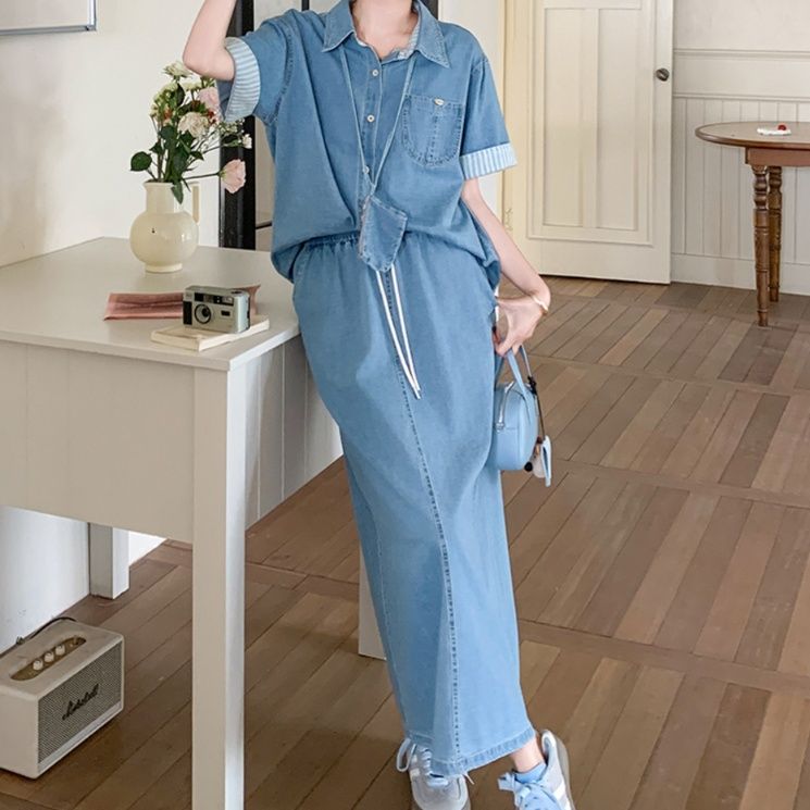 デニムセットアップ ゆったりデニムシャツ＆ロングスカート