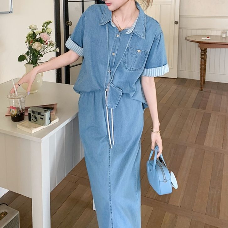 デニムセットアップ ゆったりデニムシャツ＆ロングスカート