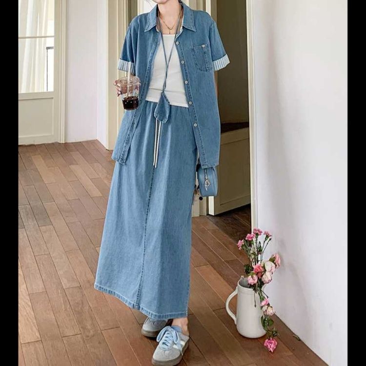 デニムセットアップ ゆったりデニムシャツ＆ロングスカート