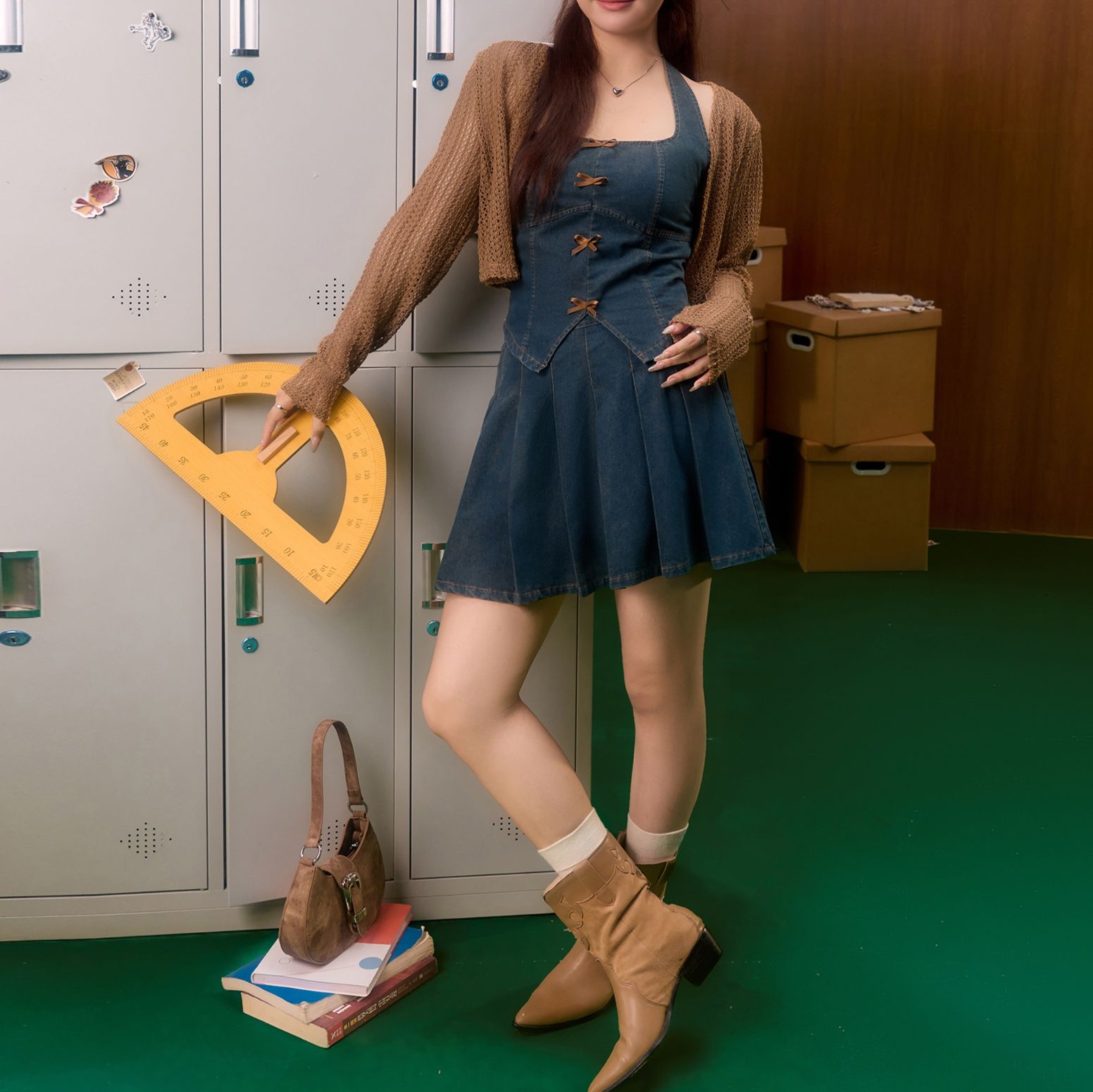 デニムセットアップ リボン飾りホルターネックトップススカートセット