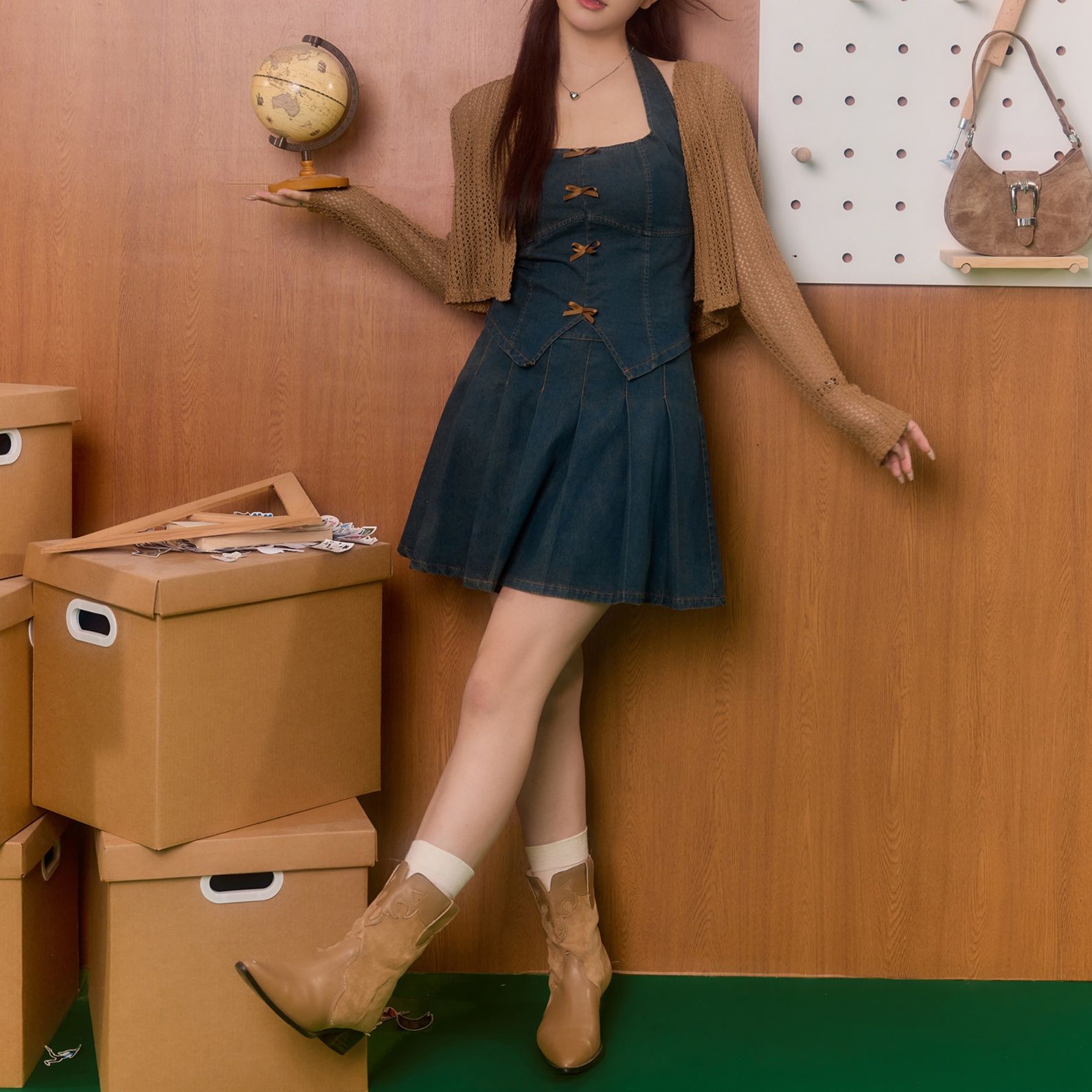 デニムセットアップ リボン飾りホルターネックトップススカートセット