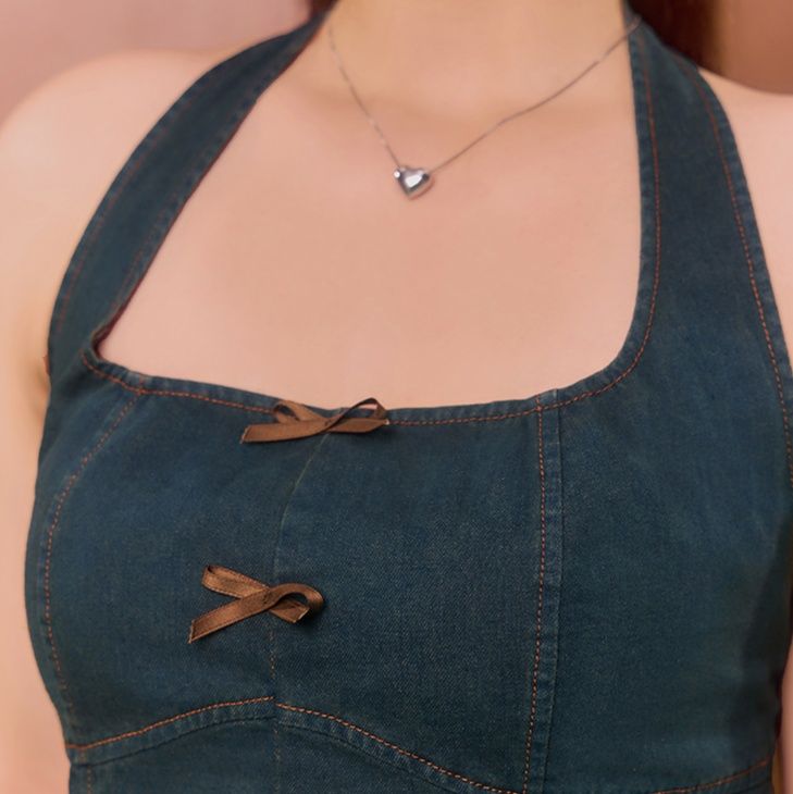 デニムセットアップ リボン飾りホルターネックトップススカートセット