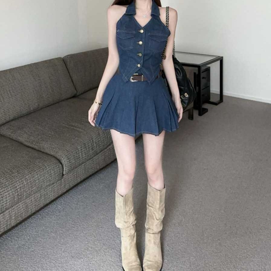 デニムセットアップ ホルターネックプリーツスカートセット