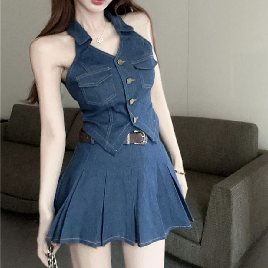 デニムセットアップ ホルターネックプリーツスカートセット