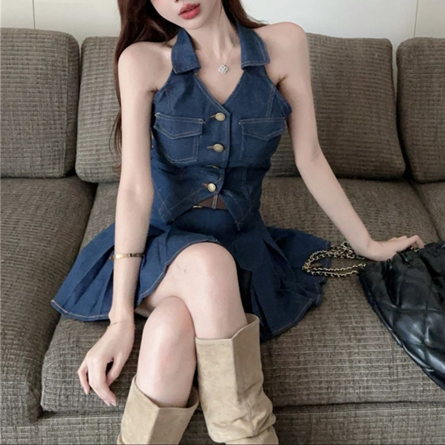 デニムセットアップ ホルターネックプリーツスカートセット