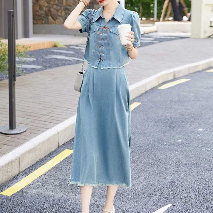 デニムセットアップ 編み上げ風ジャケット＆ロングスカート