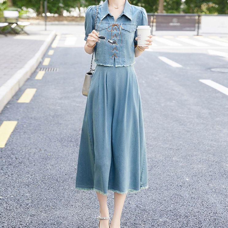 デニムセットアップ 編み上げ風ジャケット＆ロングスカート