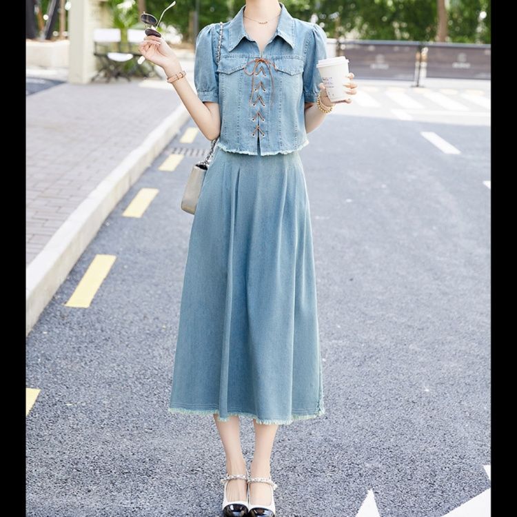 デニムセットアップ 編み上げ風ジャケット＆ロングスカート