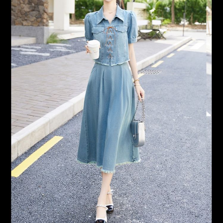 デニムセットアップ 編み上げ風ジャケット＆ロングスカート