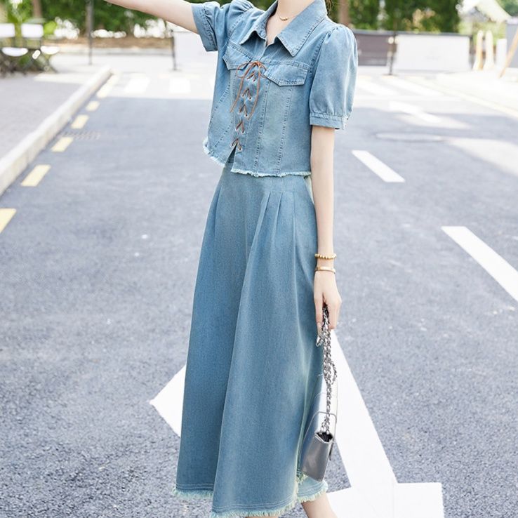 デニムセットアップ 編み上げ風ジャケット＆ロングスカート