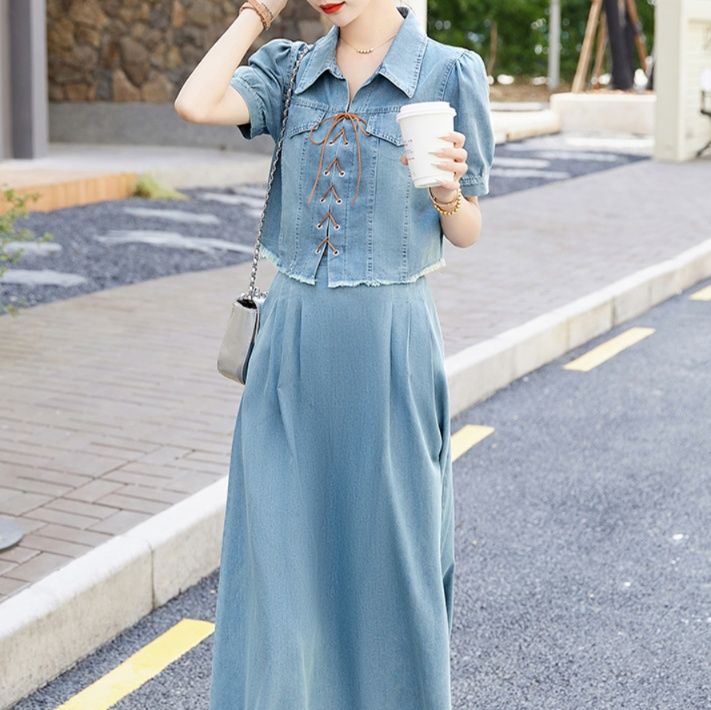 デニムセットアップ 編み上げ風ジャケット＆ロングスカート