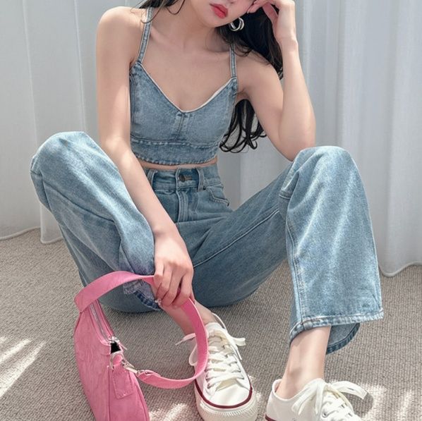 デニムセットアップ ワイドレッグ ビスチェセットアップ